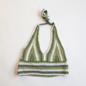 Green Crochet Crop Top Striped Knit Bralette Festival Boho Med Tank Hollister